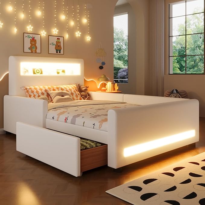 MERITLINE Twin Size Upholstered Platform Bed with Drawer, App-Controlled RGB LED Light Strip & USB Port, PU Fabric Storage Bed (White) | LED light, Storage Drawer