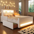 MERITLINE Twin Size Upholstered Platform Bed with Drawer, App-Controlled RGB LED Light Strip & USB Port, PU Fabric Storage Bed (White) | LED light, Storage Drawer