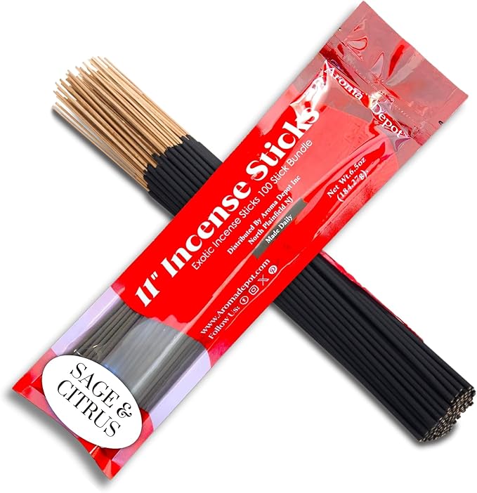 Aroma Depot Sage & Citrus Exotic 11'' Incense Sticks. Approx. 85 to 100 Sticks Per Bundle, Each Natural Stick Burns for 45 mins to 1 Hour Each. Long Lasting. Guarantee 100% Pure