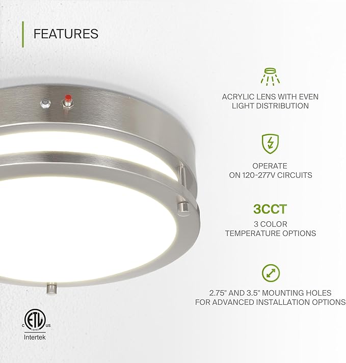 ASD LED 12" Round Flush Mount Lighting, Close to Ceiling Light Fixture | 3CCT, Dimmable, Battery Backup, ETL Listed | 20W 1876LM 3000-5000K 100-277V | Low Profile Double Ring Lamp | Nickel, 4 Pack
