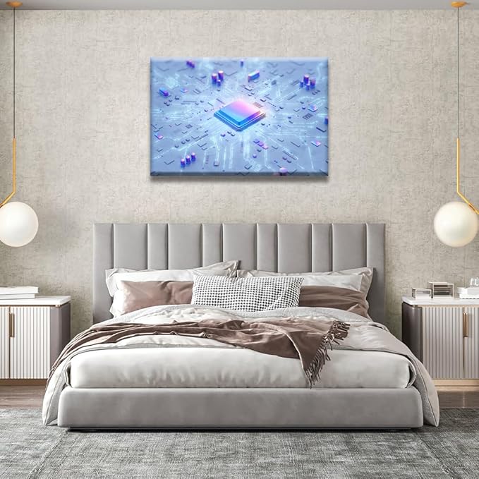 LSIUHWUWI Canvas Wall Art AI Painting Prints Canvas Motherboard Digital Chip Pictures for Bedroom Home Decor Technology Digital Age Stretched by Wooden Frame Ready to Hang 24x36 INCH