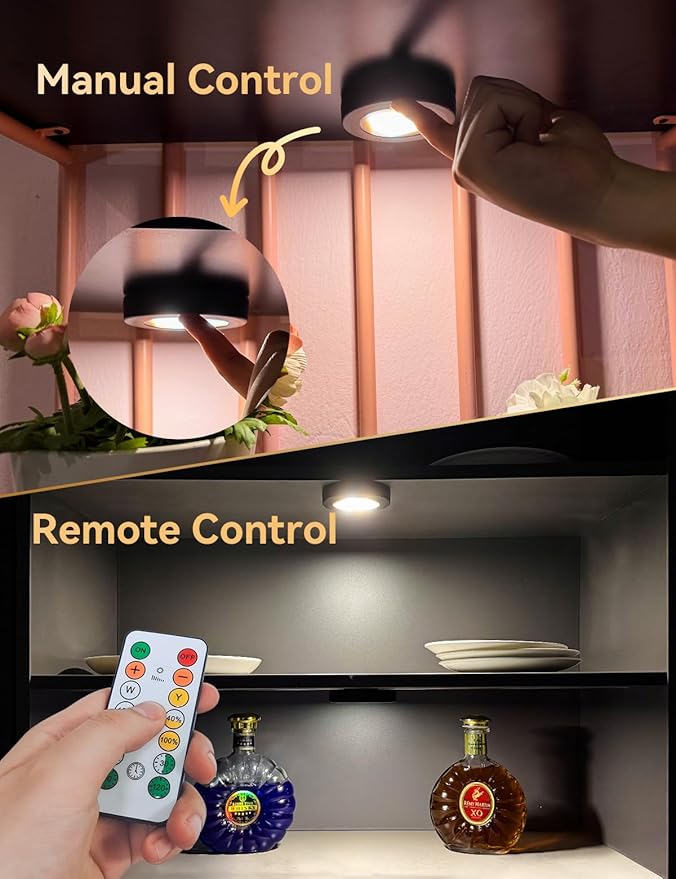 HOLKPOILOT Ultra Slim Puck Lights with Remote, LED Under Cabinet & Closet Lighting Wireless, 3 Color Temps & Dimmable Stick On Lights Battery Operated for Kitchen,Counter,Shelves (4pack)