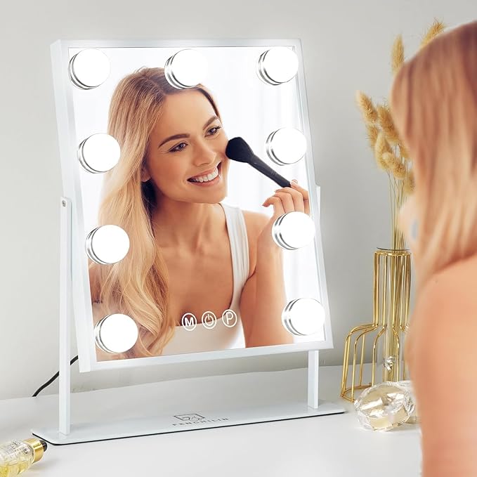 FENCHILIN Vanity Mirror with Light Lighted Makeup Mirror Vanity Makeup Mirror Smart Touch Control 3Colors Dimable Light Detachable 10X Magnification 360°Rotation(White)