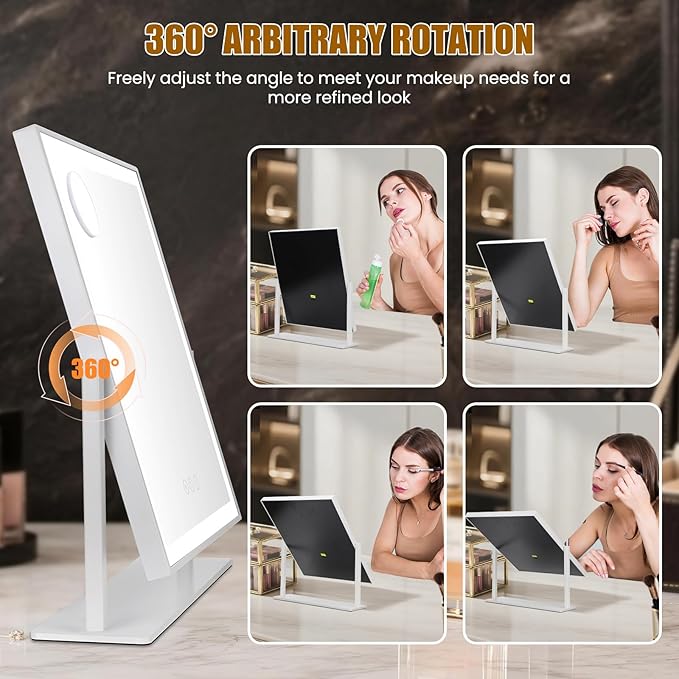 Vanity Mirror with Lights 16.5"x 14.5", LED Makeup Mirror, 3 Color Lighting Modes, 10X Magnification, Smart Touch Control, Dimmable, Aluminum Metal Frame, Lighted Up for Vanity Desk (White)