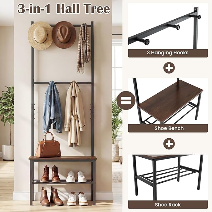 Giantex 3-in-1 Hall Tree with Bench and Shoe Storage, Freestanding Coat Rack with Hooks, Heavy Duty Metal Frame, Industrial Narrow Mudroom Organizer for Entryway Living Room Bedroom
