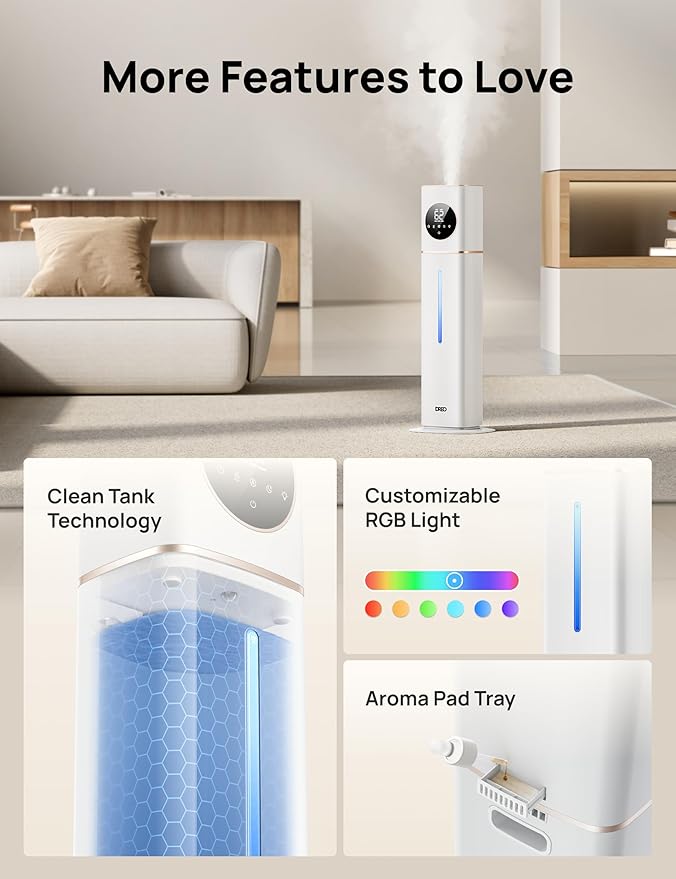 DREO HM735S 11L Smart Humidifier Large Room 700 ft², 100H Cool Mist Air Humidifiers for Bedroom, Top-Fill, Clean Tank Technology, 26dB, Auto Mode, Aroma Box, RGB, Remote & APP Control, Baby, White