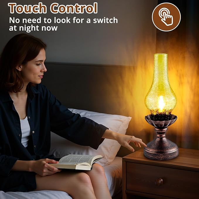 Touch Control Vintage Table Lamp | 3-Way Dimmable Rustic Retro Farmhouse Bedside Lamp with Amber Glass Shade and LED Bulb for Bedroom, Living Room, Cabin, Office