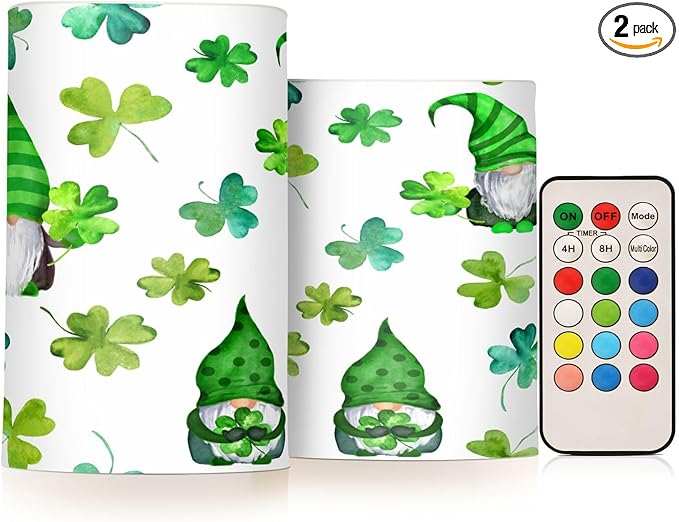 YETTASBIN St.Patrick's Day Gnome Flameless Candles with Remote Control and Timer, Adjustable Brightness Long Lasting Battery Operated LED Pillar Candles for Indoor Outdoor Party Home Decor, 2 Pack