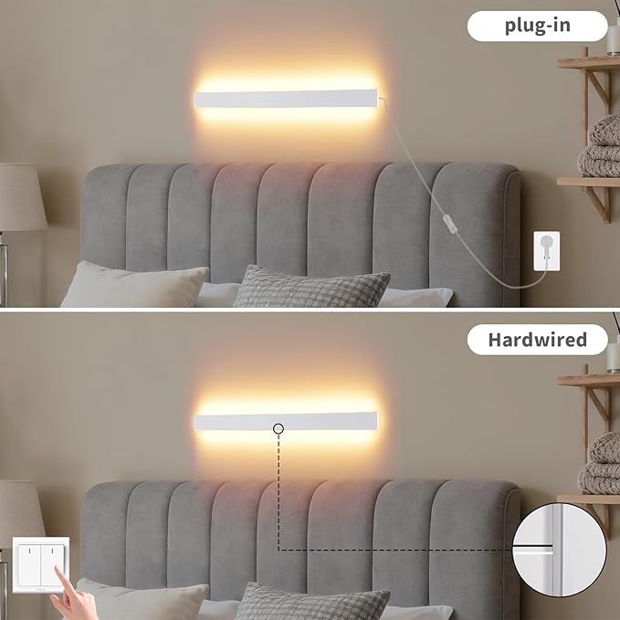 Modern Plug in Wall Sconces, 23.6 inch Frosted White LED Long Wall Lights, 12W Warm White 3000K Acrylic Indoor Wall lamp,with 59" Plug Cable for Bedroom, Living Room, Bathroom Makeup, Hallway