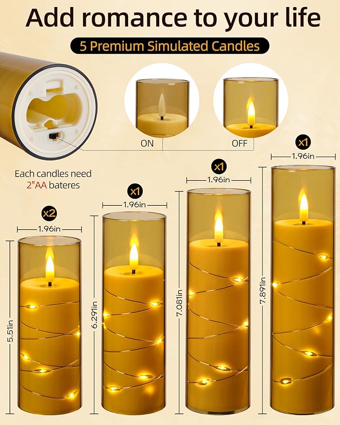 Da by Flameless Candle Light, Battery Candle with recessed String Lights, 5 flameless Candles with 11-Key Remote Control, 24-Hour Timer Function, Champagne Color