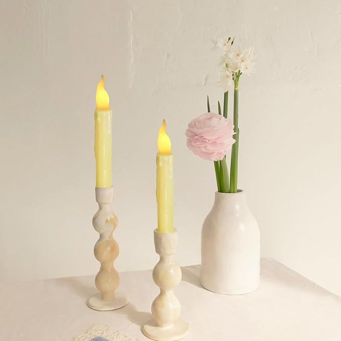 Yellow Flameless Short Taper Candles, Real Wax Hand Dipped LED Battery Operated with Remote, Flickering Flame Lights for Festival Home Décor, 6.7 Inch Primitive Flameless Candles, 4PCS