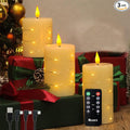 Rechargeable Flameless Candle, Flickering LED Pillar Real Wax Candle with Fairy Lights, Remote Control and Timer, Upgraded Teardrop Wick, Built-in Battery Electronic Candle, Set of 3