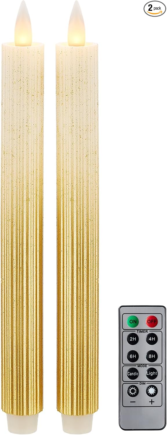 Flameless Taper Candles Flickering with Remote and Timer, 3D Moving Flame Taper Candle Battery Operated to 400 Hours, 9 Inch Window Candles, (Gradient Gold-Vertical Stripes)