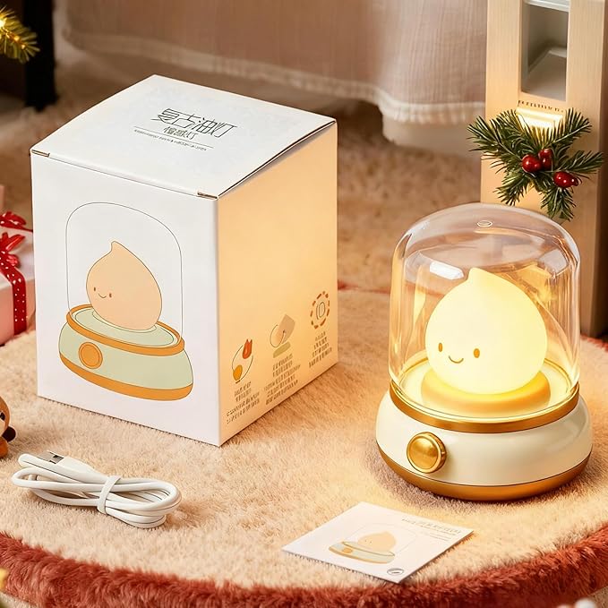 Flameless Silicone Night Light for Kids Toddler, Rechargeable Touch Dimmable Amber Lamp, Retro Kerosene Lamp with Timer, Cute Chibi Gift for Teen Girls Bedroom (Yellow)