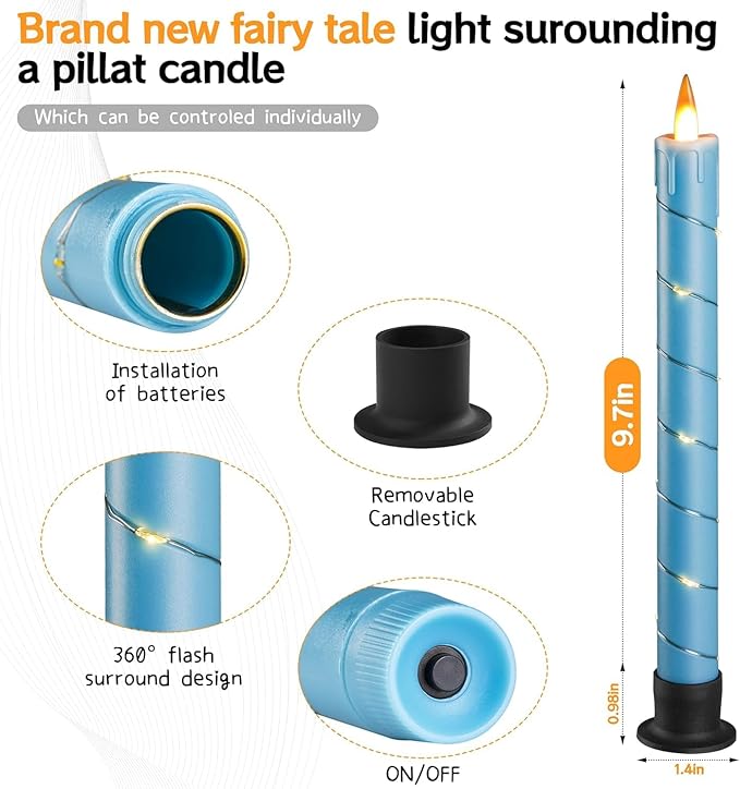 Flameless Cone Candle with Built-in Star String Light, 11 Button Remote Control, Timer, Battery Powered, Analog Flame, 3 Pack of Window Candles, Christmas Home & Wedding Decoration (Sky Blue)