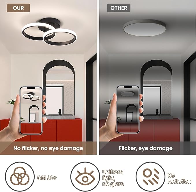 CANEOE 2 Packs Modern Led Ceiling Light Fixtures, 4500K Neutral Light Hallway Light Fixtures Ceiling, Black Bathroom Close to Ceiling Lights for Corridor Stair Aisle Lamps (Black, 2 Packs)