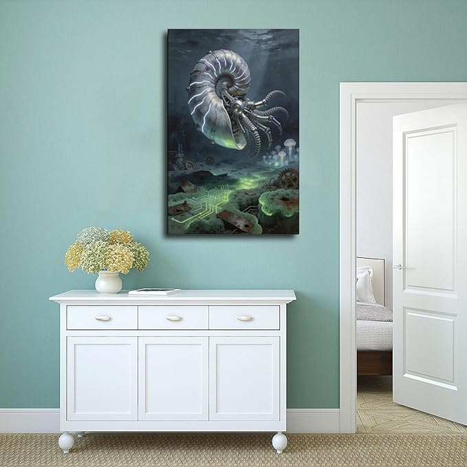 Framed Steampunk Mechanical Nautilus Wall Art - Underwater Industrial Poster for Man Cave Studio Decor 20x30inch(50x75cm)