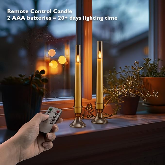 Homemory 6 Pcs Flameless Taper LED Candles with Remote and Timer, 3D Wick Flickering, Window Candles with 2 Light Modes, Battery Operated for Xmas Wedding Decor, 9.6 Inch, Gold