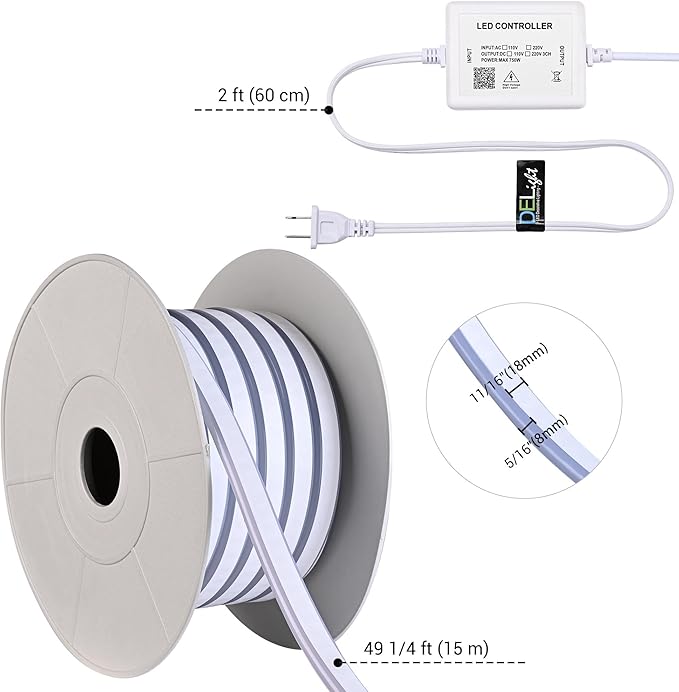 DELight AC 110-120V Waterproof IP65 RGB 50ft Neon Rope Lights with Remote Control & APP Music Sync Dimmable Cuttable Flexible LED Strip Lights Outdoor DIY Project DEL-D50R