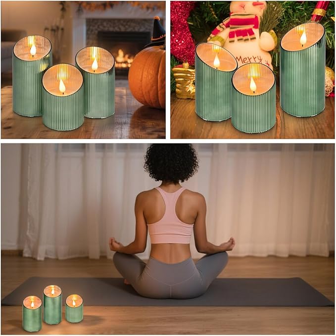 Rechargeable Flameless Candle, Flickering LED Pillar Glass Fake Candle with Remote and Timer, Built-in Battery Real Wax Electronic Candle for Room Decoration, Set of 3