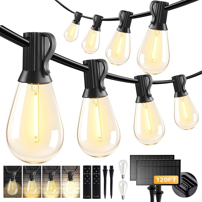 HJQ 120FT(60x2) Solar String Lights Outdoor Waterproof, Solar Powered Patio Lights with Remote & USB Port, 20+1 LED Shatterproof Bulbs, 3 Modes, Dimmable Solar Hanging Lighting for Yard Garden Party