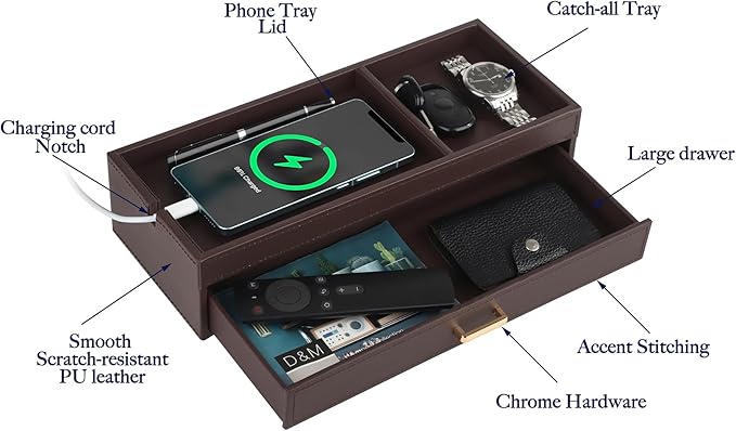 HofferRuffer Valet Jewelry Tray Organizer with Drawer, Faux Leather Storage Catchall Box Phone Charging Station Tray with Dresser Nightstand Desktop Drawer Organizer (Dark Brown)