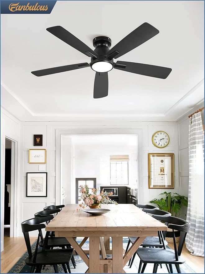 Fanbulous 46 inch Ceiling Fans with Lights, Flush Mount Ceiling Fan and Remote, Modern Low Profile, 3CCT 20W LED Light with 6-Speeds Quiet Reversible Motor, for Bedroom, Living Room, Apartment, Black