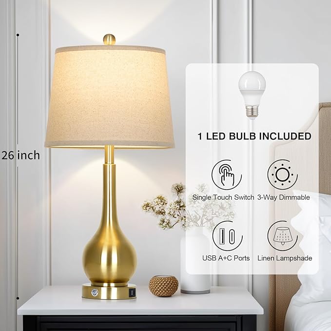 26" Gold Table Lamp for Living Room Single, Touch Control Bedside Lamp for Bedroom, 3-Way Dimmable End Table Lamp for Nightstand with USB Charging Port (1 Pack)