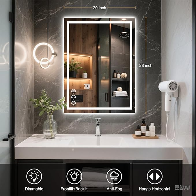 20x28 LED Bathroom Mirror with Lights, Anti Fog Vanity Mirror Wall Mounted, Dimmable Front Light and Backlight, Memory Function Tempered Glass Shatter Proof ETL Listed