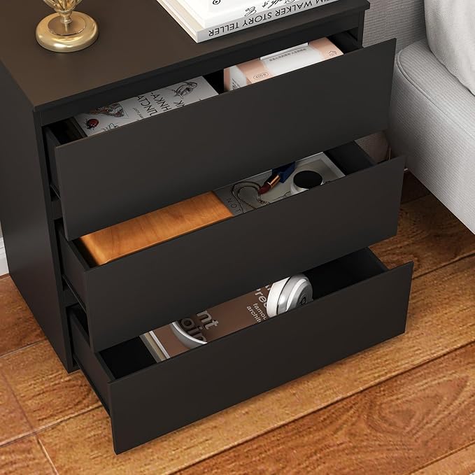 FAMAPY Modern Nightstand with 3 Drawers, Bedroom Storage Cabinet, Modern End Side Table, No Handle Design, for Living Room Black 30.3”W x 15.7”D x 32.3”H