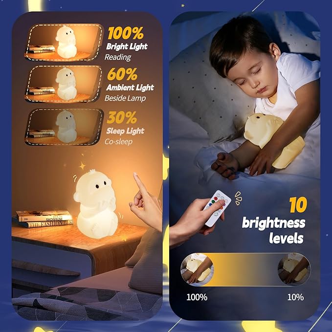 Monkey Night Light for Kids, Remote & Tap Control, Color Change, 15/30/60 Min Timer, Dimmble, USB-C Rechargeable Squishy Night Light, Cute Night Lamp for Boys, Girls (Monkey)