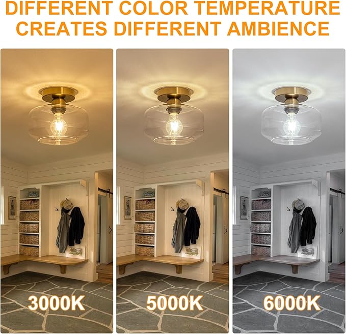 Tbaoinal Semi Flush Mount Ceiling Light Clear Glass Shade Matal Base, Inclede 900 LM LED Bulb, Low-Profile for Kitchen/Hallway/Entryway/Bathroom, Golden