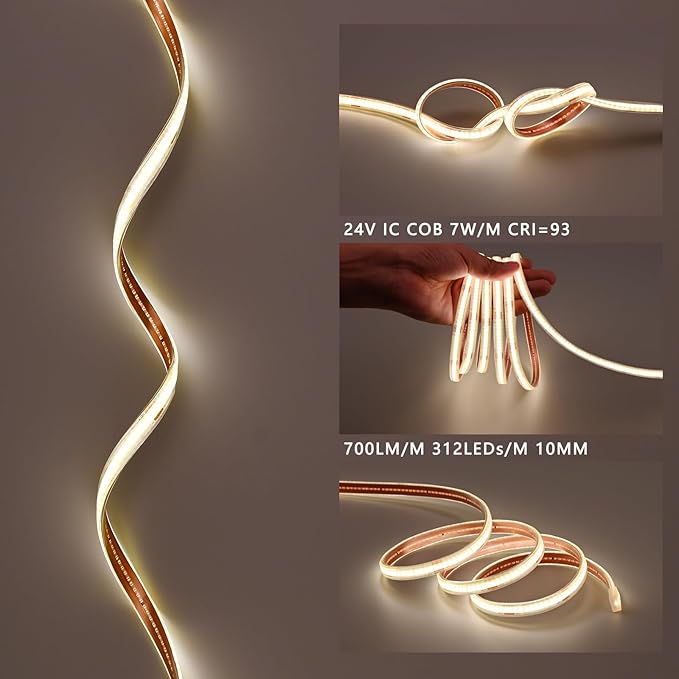24V COB LED Strip Lights Outdoor Waterproof 65.6FT, 4000K Natural White Dimmable IP67 CRI 93 LED Rope Light with Power Supply for Bedroom Living Room Garden Commercial House