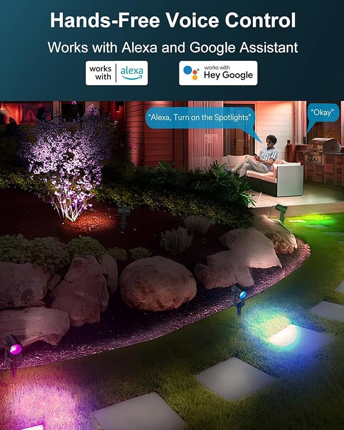 Ligency WiFi Smart Landscape Lights - Plug-in 12V Low Voltage Outdoor Spotlights with Alexa, 28.8ft Complete Kit, RGBW Dream Color, IP65 Waterproof LED Garden Lights for Yard, Tree, 2 Pack