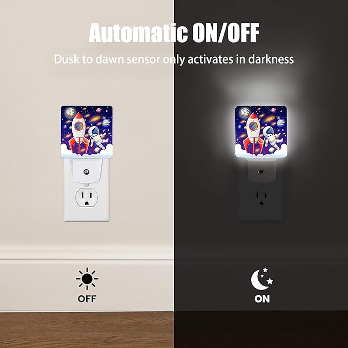 Universe Astronaut Rocket Galaxy Night Light, Dusk to Dawn Smart Sensor Nightlight for Bedroom Bathroom Kitchen Hallway Stairs Hallway, Plug-in, Energy Efficient Decor Desk Lamp Gifts