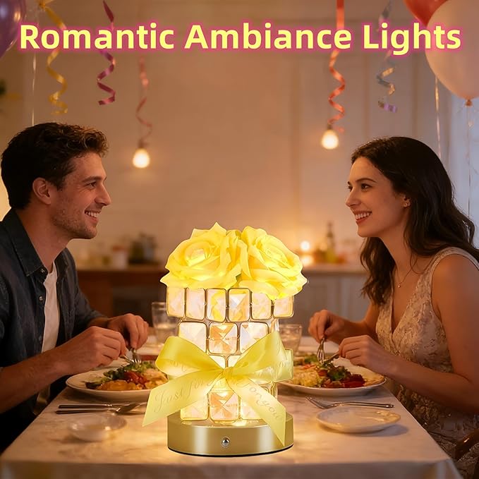 Rose Flower Lamp,Rechargeable Cordless Touch Table Lamp for Bedroom,3-Colour Dimming Flowers Night Light,Crystal Bedside Lamps with USB Charge,Birthday Valentine's Day Gifts for Women,Mom,Wife,Her