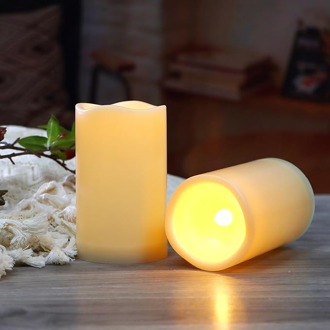 Waterproof Outdoor Battery Operated Flameless Candles with Auto Timer Flickering Plastic Resin Electric LED Pillar Lights for Lantern Patio Garden Wedding Party Decorations 3x5 Inches 2 Pack White