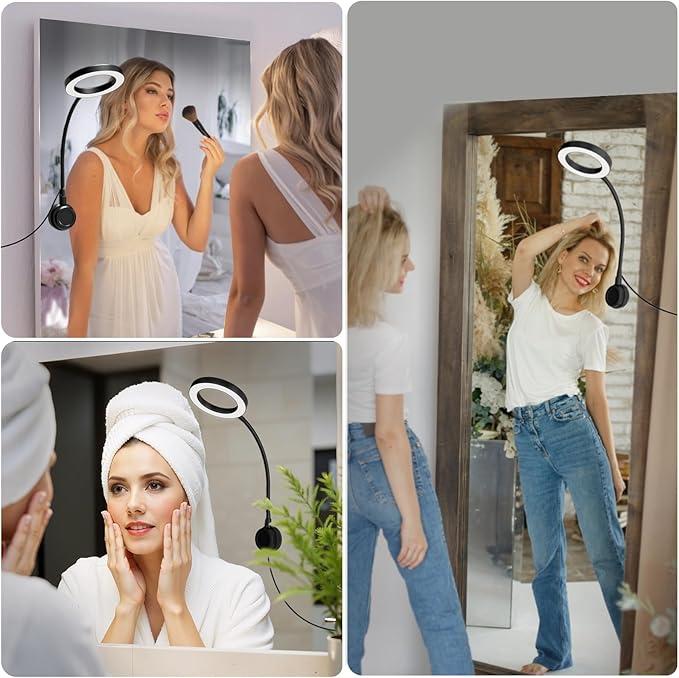 Suction Cup LED Vantiy Lights for Mirror, Flexible Gooseneck Stick on Selfie Ring Light for Makeup Vanity Table & Bathroom Mirror, 3 Color Modes & 10 Brightness, Plug in,3.54inch, Black