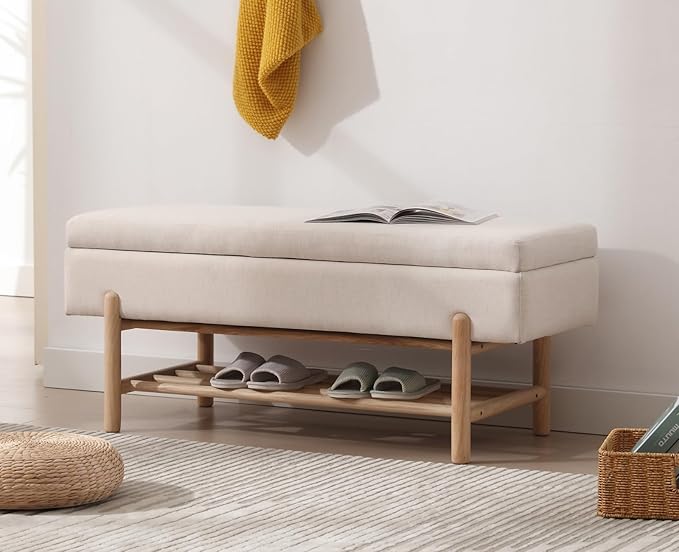 Modern Entryway Storage Bench, Upholstered Shoe Ottoman Bench, Flip-Top End of Bed Bench with Wood Shelf for Living Room/Bedroom/Hallway/Under Window,45Inches, Beige Linen