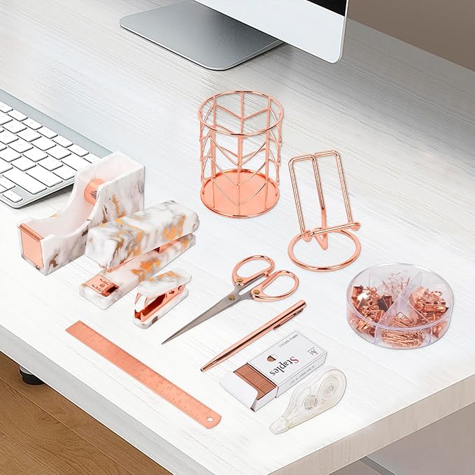 Office Desk Accessories Supplies - 14 Pcs Women Rose Gold Marble Desk Decor Set, Cute Aesthetic Office Essentials Kit, Stapler Tape Dispenser Pen Organizer, Acrylic Mini Teacher Stuff for School Home