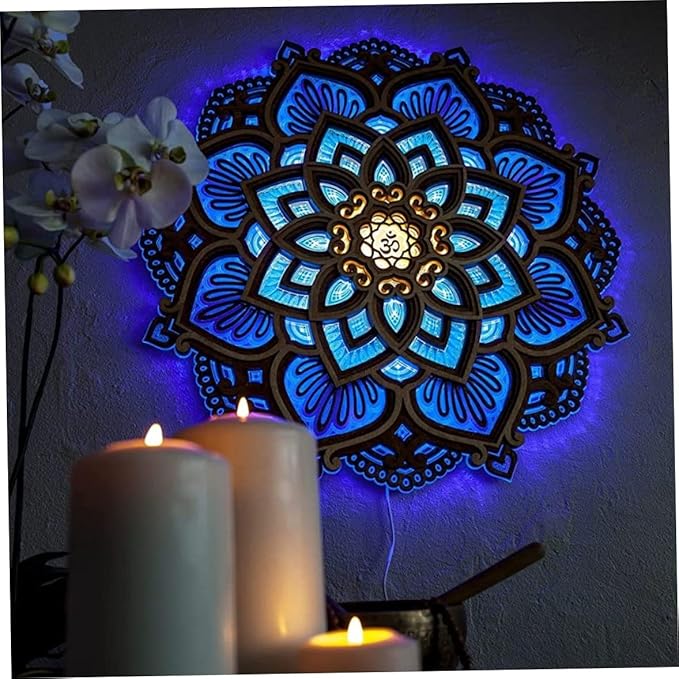 Ckuakiwu Mandala Yoga Room Night Light Led, Yoga Room Led Night Light, Creative Dream Wooden Hanging Wall Light Living Room Bedroom Wall Decoration, Diameter 11.8Inch