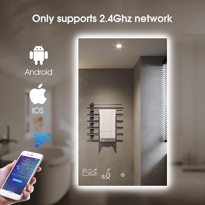 24x36 LED Bathroom Mirror with Bluetooth Wi-Fi Enabled Weather Display, Backlit Lighted Smart Vanity Mirror for Bathroom Wall with 2 Colors Dimmable, Anti-Fog, Touch Sensor- - Vertically Hang Only