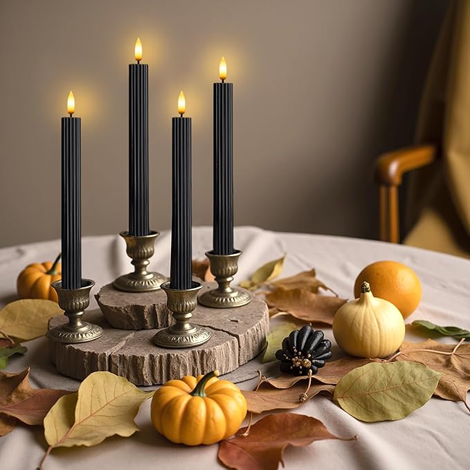 6 Pack, 10" LED Flameless Black Fluted Ribbed Grooved Taper Candles, Remote & 24h Timer Memory, On/Off Button, Dimmable, Flicker Mode, Battery Operated, Christmas Menorah Wedding