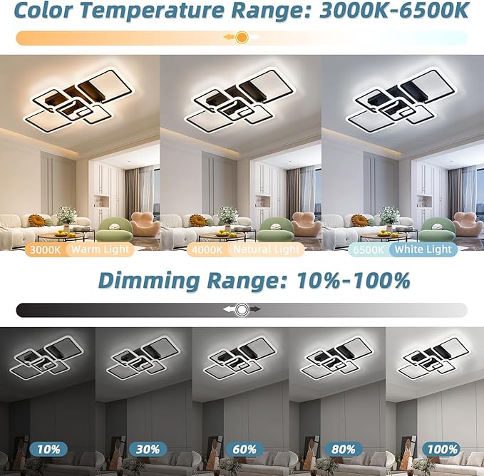 Modern LED Ceiling Light 5-Square Dimmable Black Flush Mount LED Ceiling Light with Remote for Living Room