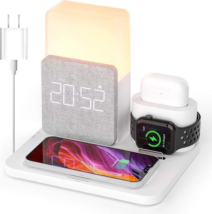 Wireless Charging Station, iPhone 3 in 1 Fast 15W Wireless Charger with Alarm Clock and Night Light, Charging Dock for iPhone 12/13/14/15/16/17 Pro/Pro Max, Samsung, AirPods