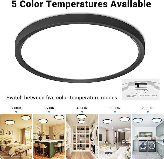 2 Pack LED Flush Mount Ceiling Light,9Inch 18W,3000K/3500K/4000K/5000K/6500K 5 Color Temperatures Ceiling Light Fixture for Kitchen Porch Hallway Bedroom Bathroom and Closet,Black