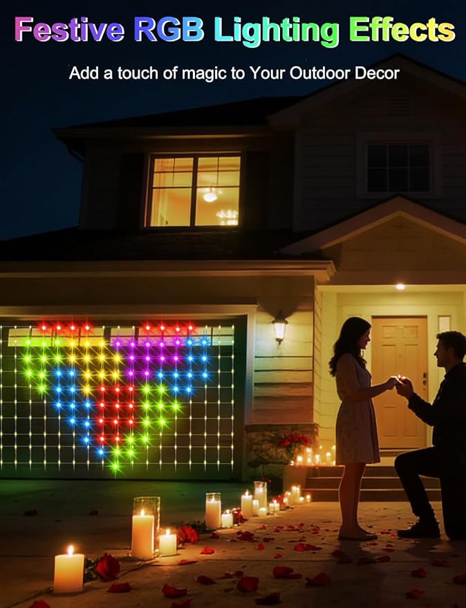 echosari 600 LED Net Lights Outdoor, 3.7 * 9.5ft Smart RGB&IC Net Lights with App/Remote Control, DIY Modes, Waterproof Mesh Light for Patio Bush Decor (Clear Wire)