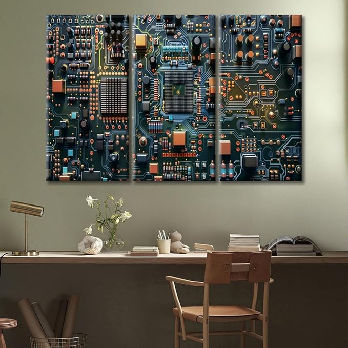 3 Panels Framed Wall Art Microcontroller Technology Canvas Wall Art Circuit Board Pictures Modern Wall Art for Bedroom Living Room Art Prints Stretched and Framed Ready to Hang 60"Wx40"H
