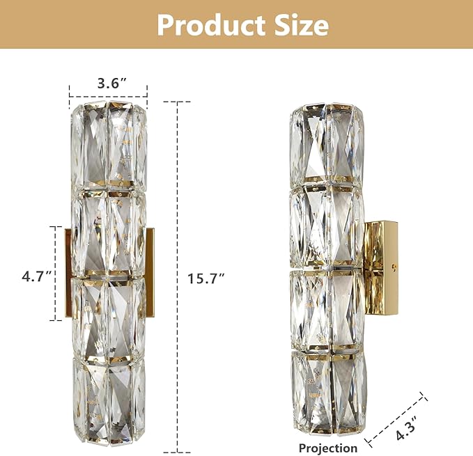 Gold Crystal Wall Sconces, Modern LED Crystal Wall Light Fixtures with Remote, Luxury Vanity Wall Lamp Indoor for Bedroom Living Room Hallway Stairway Bedside, 3000K-6000K Dimmable