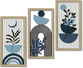 Putuo Decor Boho Abstract Wall Art, Set of 3, Modern Botanical Wooden Wall Decor, Blue Mid-Century Minimalist Framed Artwork for Living Room Bedroom, Office